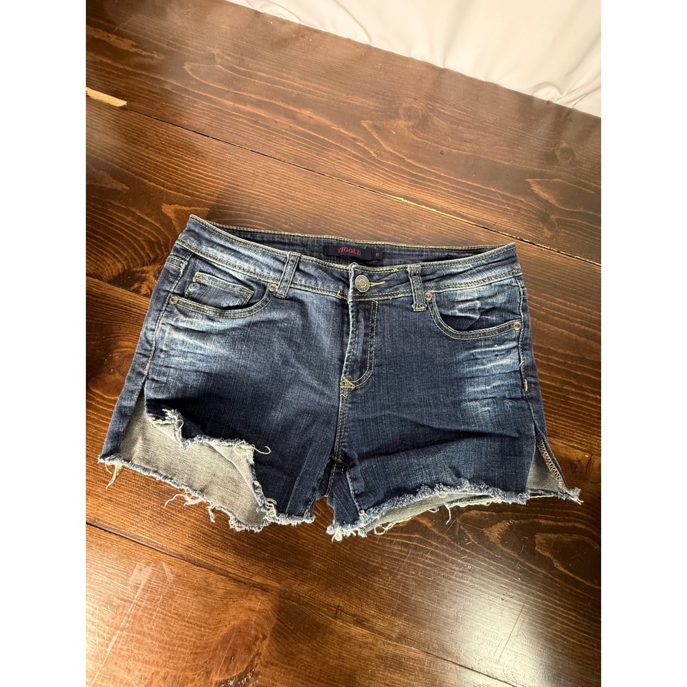Vigold Womens Dark Wash Distressed Denim Shorts Side Slit Raw Hem‎ Size 9